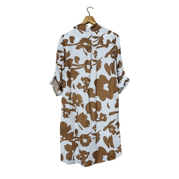 Magaschoni Floral Brown & White Button-Down Long Shirt Dress 100% Linen Large - Picture 2 of 11